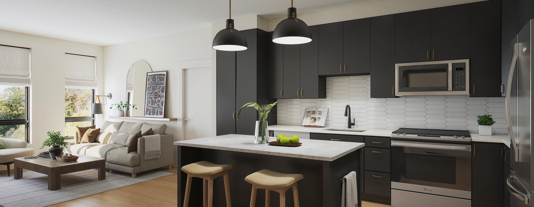 a kitchen with black cabinets