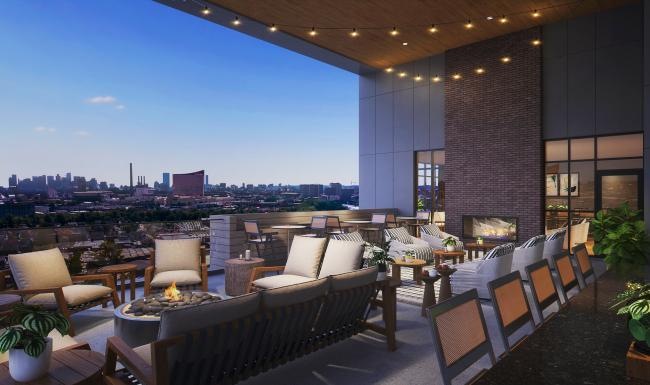 a room with chairs and tables