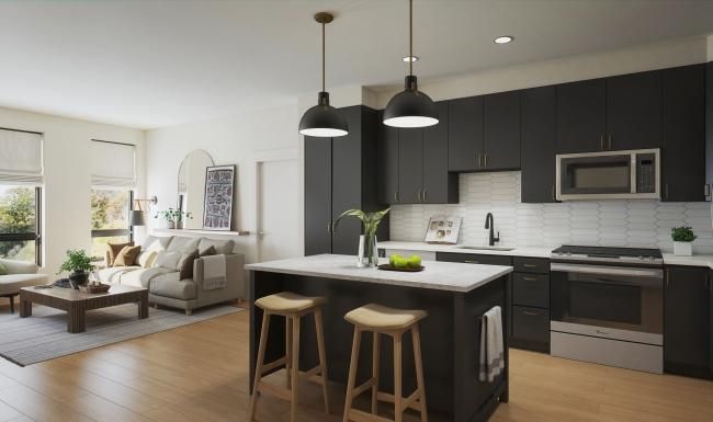 a kitchen with black cabinets